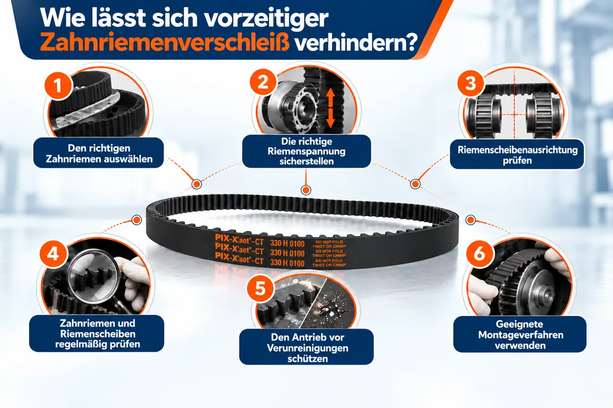 Faktoren, die die Lebensdauer von Zahnriemen beeinflussen, sind unter anderem Riemenmaterial, Spannung, Ausrichtung, Temperatur, Belastung sowie Wartungspraktiken.